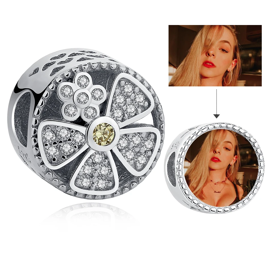 

Round Charms Custom Photo Flower Shimmery Rhinestone Crystal Beads for Women Girls Femme DIY 925 Sterling Silver Jewelry Gift