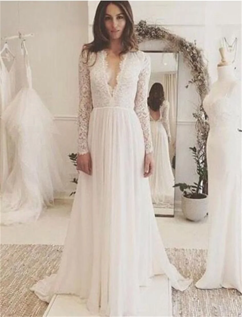 E-JUE-SHUNG-White-Chiffon-Backless-Boho-Wedding-Dresses-2019-Deep-V-neck-Long-Sleeves-Beach (1)