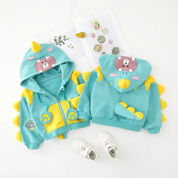 

Spring and autumn explosion models boys and girls baby cartoon dinosaur stereo tail pattern hooded fashion stitching color coat