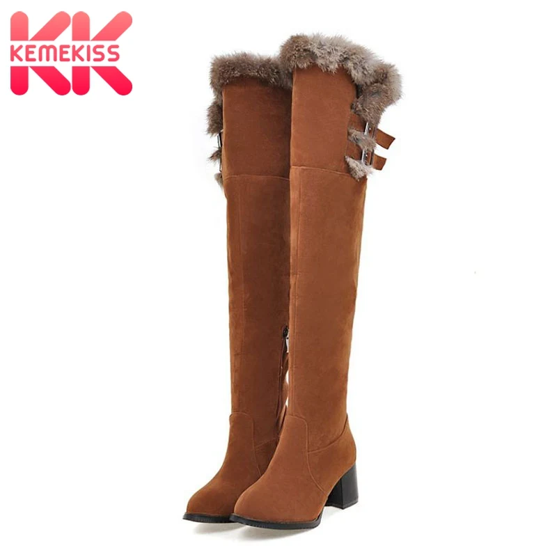 KemeKiss Warm Winter Over Knee High Women Boots Fur Thick Heel Platform Work Shoes Women Sexy Female High heels Size 33-47