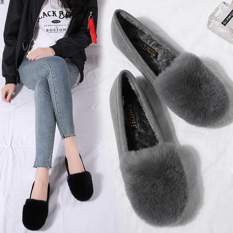 Winter Shoes Woman Flats Rabbit Fluffy Fur Faux Suede Leather Warm Loafers Soft Sole Roll Egg Peas Ballet Flat Mother Shoes