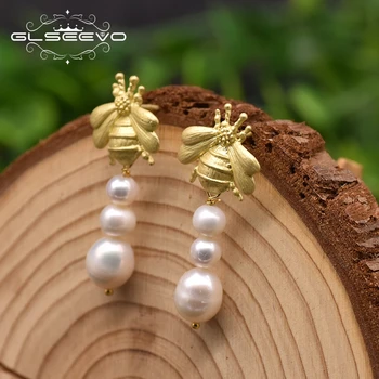 

GLSEEVO Natural Freshwater Pearl Drop Earrings For Women Party Gift Cute Bee Original Design Handmade Korean Jewelry GE0990A