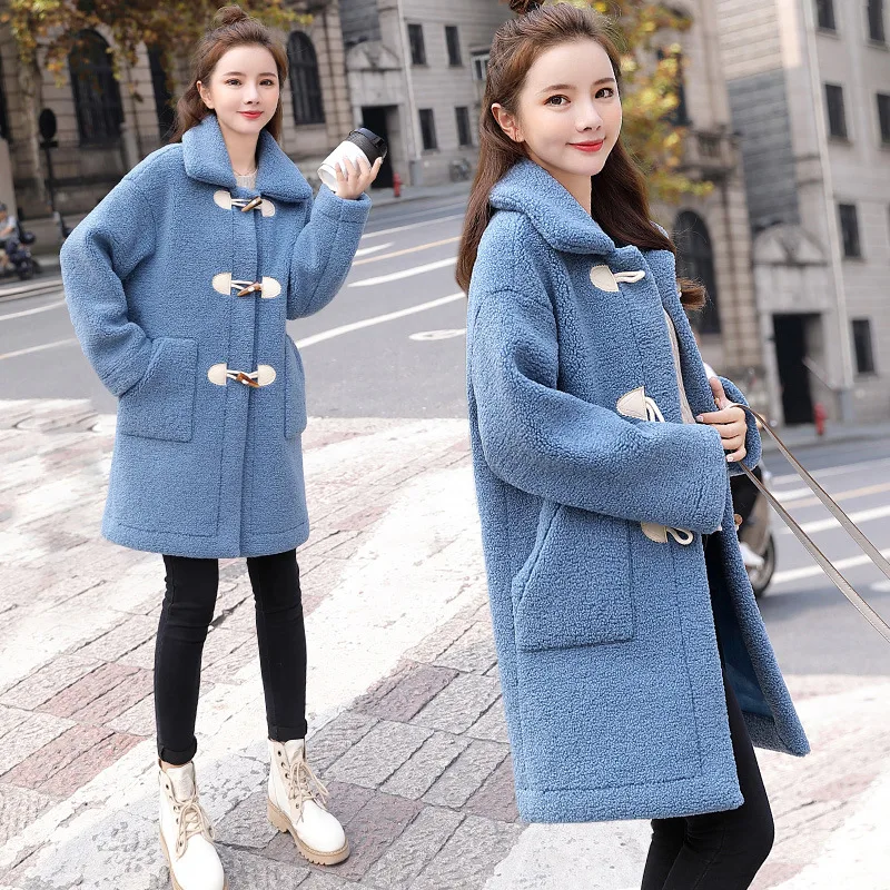 

Autumn And Winter Woolen Jacket Women's Mid-length Thick Loose-Fit Toggle Coarse Wool Woolen Overcoat Short Short-height Lambs W