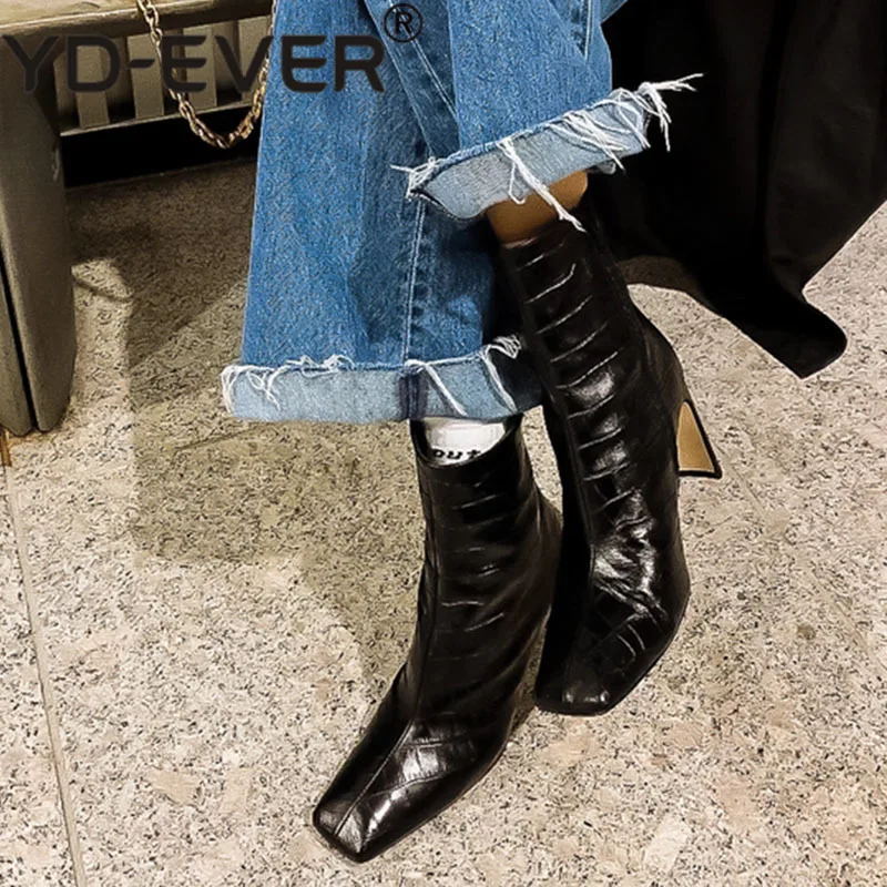 Botas negras de tacón para mujer, zapatos de punta cuadrada de cuero en  relieve, de charol/cuero mate, a la moda|Botas hasta el tobillo| -  AliExpress
