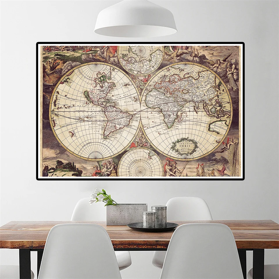 Винтажная карта мира 5*3 фута, Нетканая Картина на холсте, средневековый постер латинского искусства, гостиная, домашний декор, школьные принадлежности