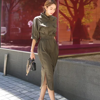 

Spring Autumn Retro Dress with Belt Stand Up Collar Pockets High Waist Hem Split Long Section Leisure Dresses Women Robes TA071