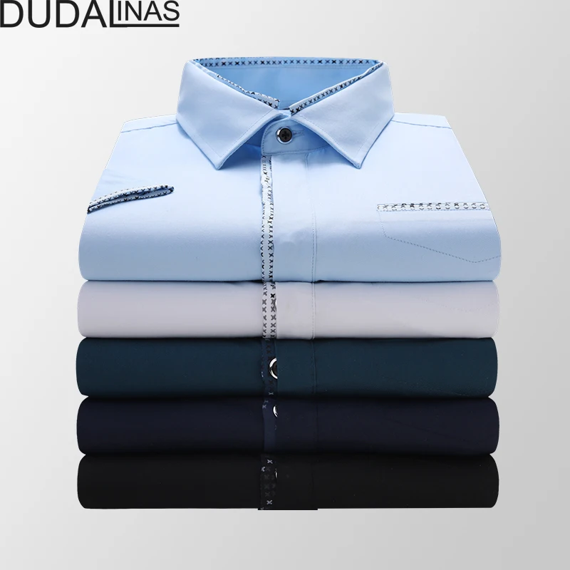 

Dudalinas 2020 New Brand Male shirt Embroidery Men's patchwork color Short Sleeve Casual Shirts Men Fashion Summer Shirt Men