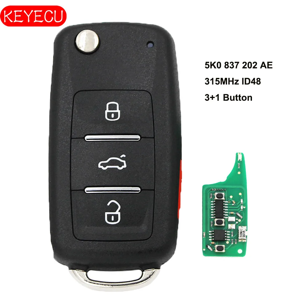 Keyecu удаленное брелок 3+ 1 кнопки 315 МГц ID48 для Volkswagen Beetle Jetta EOS Golf Tiguan, GTI 2011 2012 2013, 5K0 837 202 AE