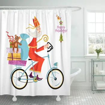 

Bike Santa Claus Sinterklaas on Bicycle Christmas in Holland Shower Curtain Waterproof Polyester Fabric 60 x 72 inches Set