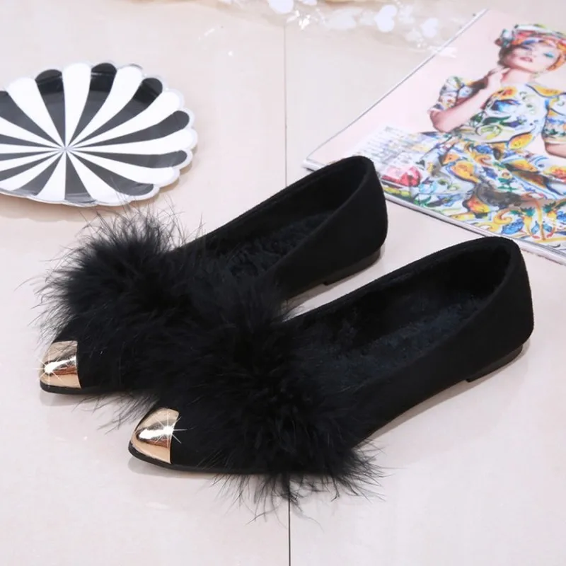 

Wild Casual Pointed Toe Metal Lazy female Peas Shoes new fashion classic Fur Flat spring Non-Slip Flat Shoes Women J14-68