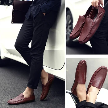 

Casual Fashion Men Shoes Genuine Leather Luxury Brand Black Men Loafers Slip On Men's Flats Male Driving Shoes Comfortable Boat