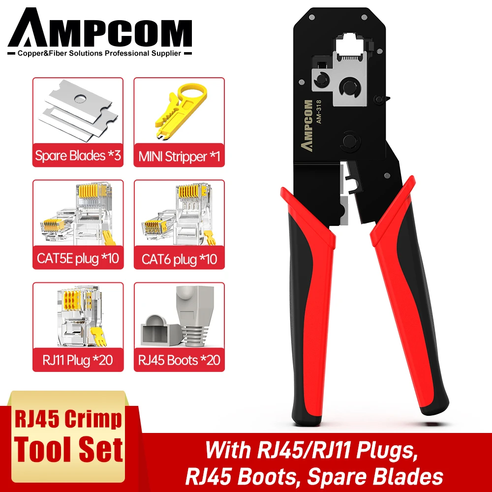 AMPCOM RJ45 Crimping Tool, 8P/6P-RJ11, RJ12 Crimper Cutter Stripper Crimper Cutter Stripper Plier