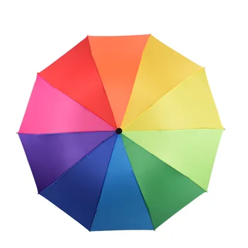 

New women fashion colorful rainbow umbrella three-folding 10 K reinforced windproof strong rain umbrella