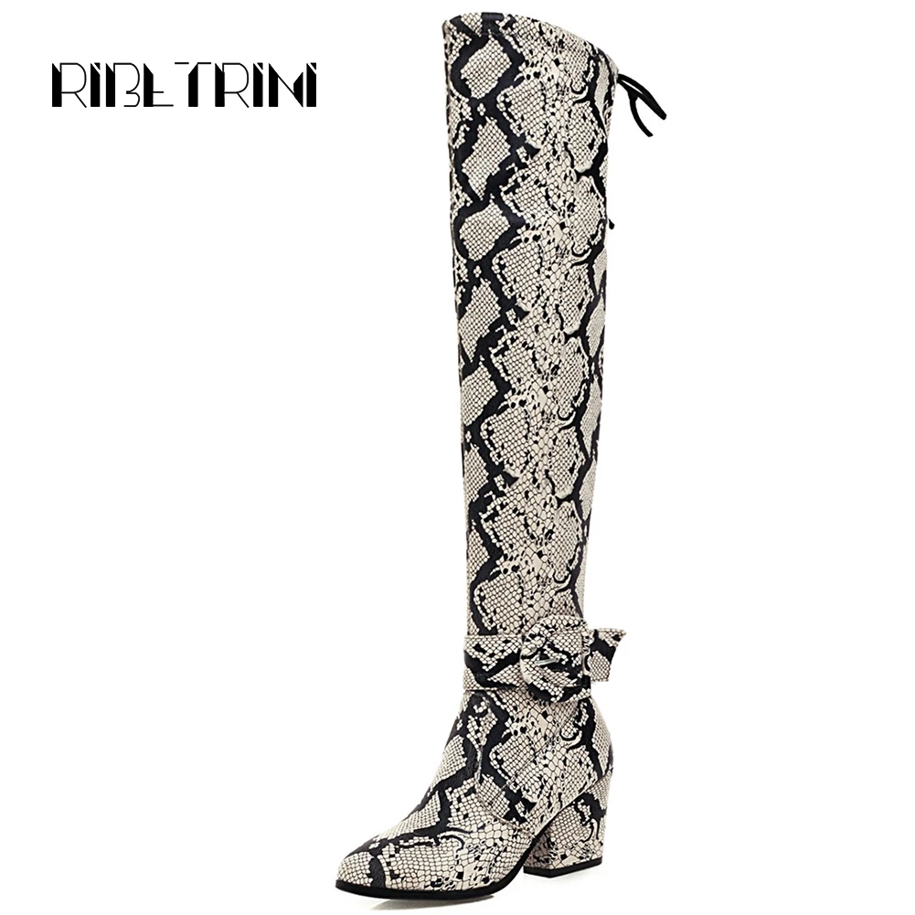

RIBETRINI Fashion Stretchy Over The Knee Boots Women Snakeskin Print Trunky High Heels Long Boots Plus Size 46 Boots Shoes Woman