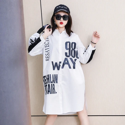 XITAO Sequins Patchwork Casual Shirt Women Letter Tide Fashion New Style Turn Down Collar Long Sleeve Single Breasted DZL2619 white DZL2619-E41