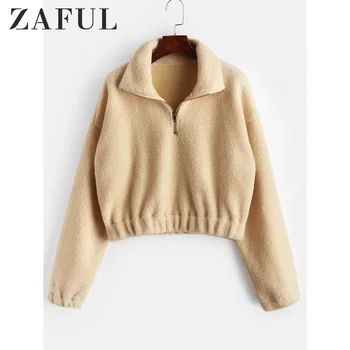 

ZAFUL Long Sleeve White Cropped Hoodie Women Autumn Winter Pullover Short Sweatshirt Plush Zipper Faux Fur Sweatshirt Pullovers