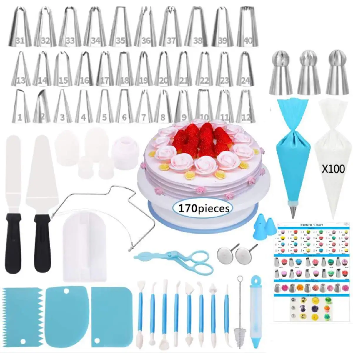 

170PCs DIY Multi-function Cake Decorating Kit Cake Turntable Set Pastry Tube Fondant Tool Cake Kitchen Dessert Baking Tools