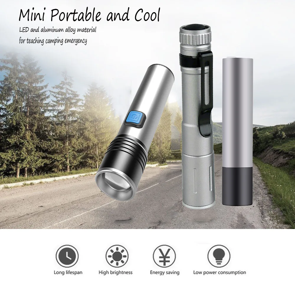 

Stylish Mini Rechargeable LED Flashlight Waterproof 3 Lighting Modes Zoomable Torch USB Cable Pen Light