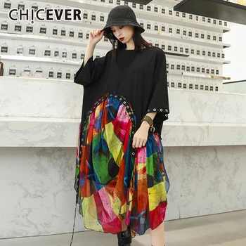 

CHICEVER Print Hit Color Lace Up Dresses Women O Neck Short Sleeve Oversize Patchwork Asymmetric Midi Dress Female Clothes 2020