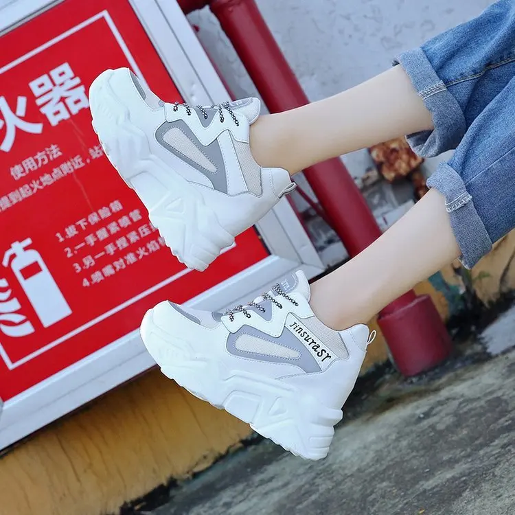 Autumn New Mesh Women's Height Platform Chunky Sneakers Fashion Women Wedge Increasing Thick Sole Shoes Woman Footwear 9cm