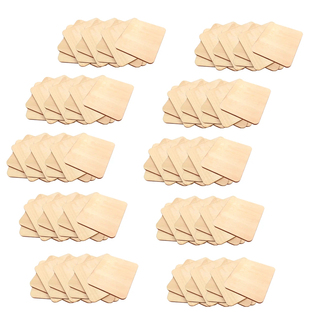 100Pcs Unfinished Wood Square Pieces, Blank Ornaments Wooden Cutouts for DIY Craft Project, Decoration