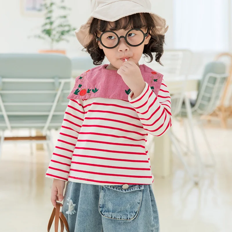 Новая модная весенняя Clothes2-9T для маленьких девочек, милая полосатая футболка с длинными рукавами и вышивкой для маленьких девочек, детская блузка