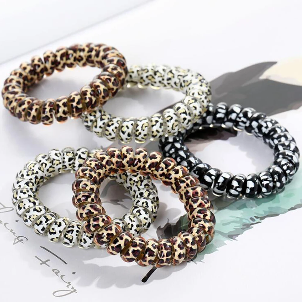 

1 pcs Plastic Telephone Wire Line Cord Gold Color Leopard Print Hair Ring Elastic Hair Band Women Girls Hair Scrunchie