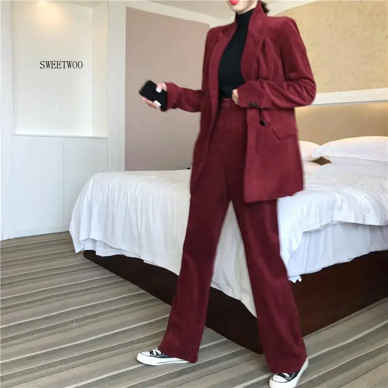 2020 Autumn Solid Women Elegant Corduroy Blazer OL Notch Collar Jacket Female Wine Red Double Breasted Coats