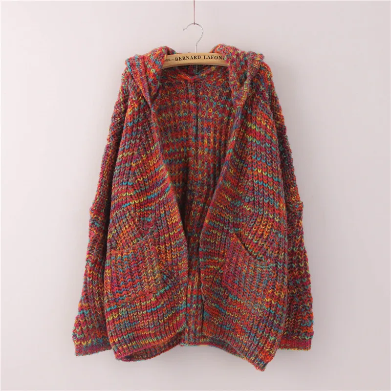 

Colorful Casual Hooded Cardigan Embroidery Letters Knitted Winter Women Sweater Female Harajuku Open Stitch Sweaters