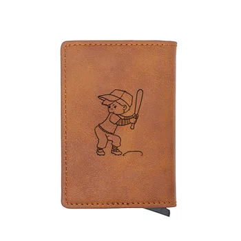 

Vintage Brown Baseball Kid Design Slim Mini Short Purse Leather Aluminium Wallet Small Money Bag