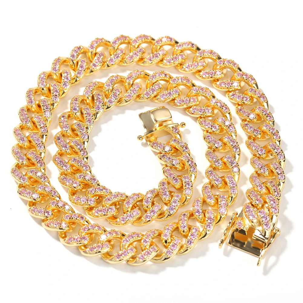 UWIN, женские розовые ожерелья-чокер с кубическим цирконием, 12 мм, модные, в стиле хип-хоп, золотой цвет, кубинская цепочка, ювелирные изделия, Прямая поставка - Окраска металла: gold