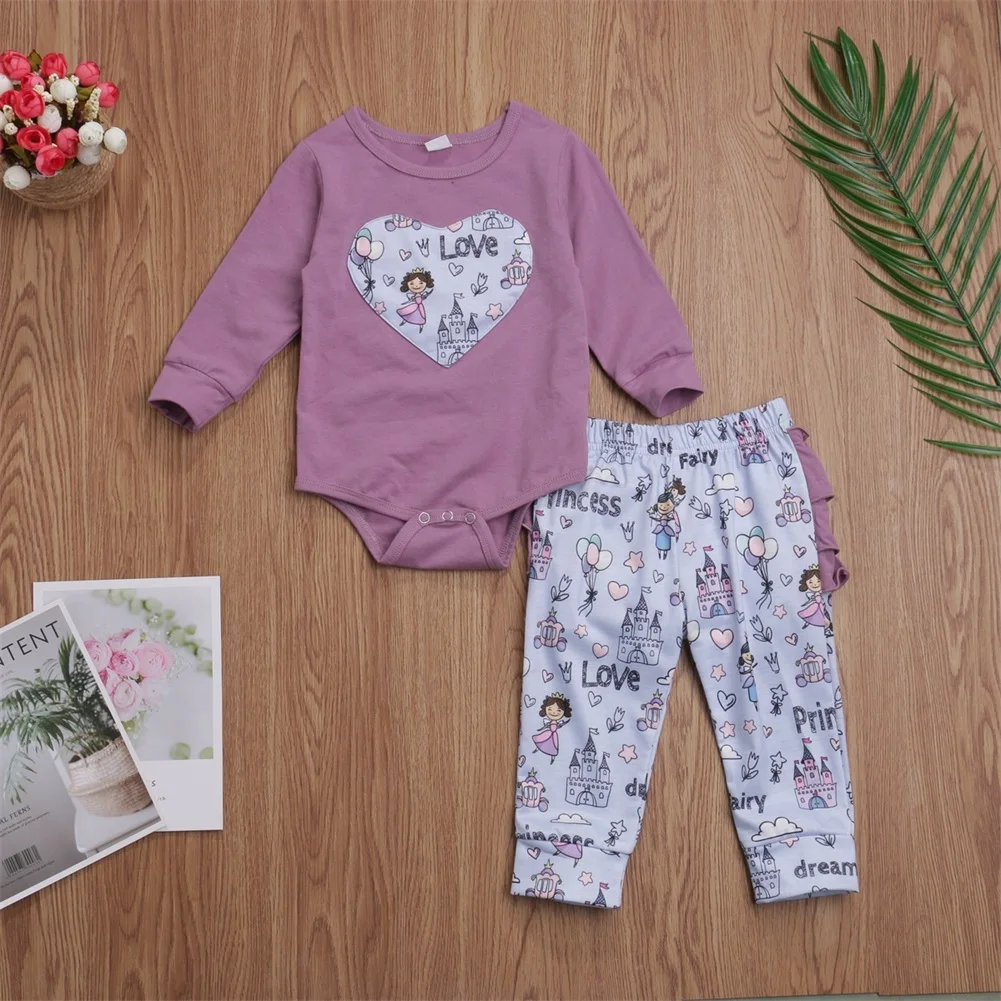 Emmababy, 2 предмета, топ с длинными рукавами для новорожденных девочек, длинные штаны с оборками и цветочным принтом, комплект одежды наряд, спортивный костюм