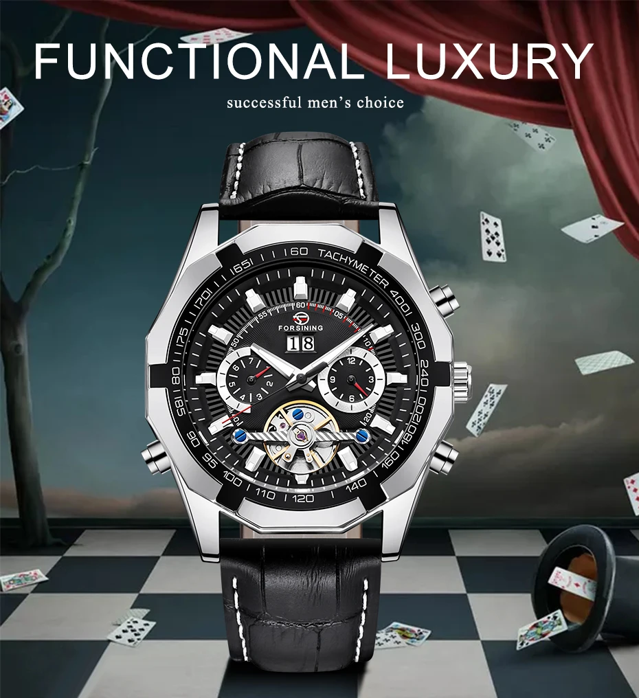FORSINING Luxury Brand Men Automatic Mechanical Watch Men's Black Leather Band Canlendar Tourbillon Skeleton Wrist Watches