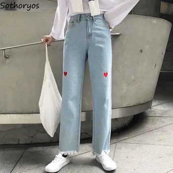 

Jeans Women Ulzzang Lovely Kawaii Embroidery Streetwear New Chic Korean Style High Waist Loose Simple All-match Womens Trousers