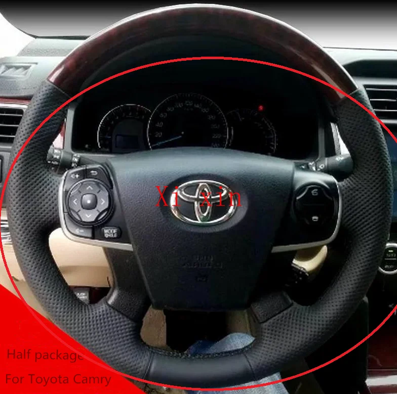 

For Toyota Camry 12-16 DIY custom hand-sewn steering wheel cover with black leather and black lines on the left and right sides