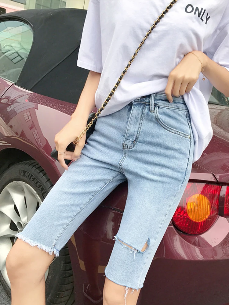 

Women High Waist Jeans for women Pants Denim Knee length Jeans Pencil Pants Ripped Woman Casual Jeans Trousers