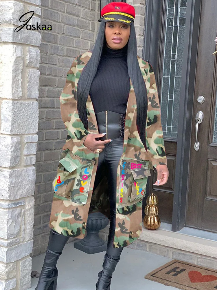 

Joskaa Women Camouflage Military Coat Long Sleeve Loose Lapel Patch Printed Dust Long Cardigan Female Casual Street Overall