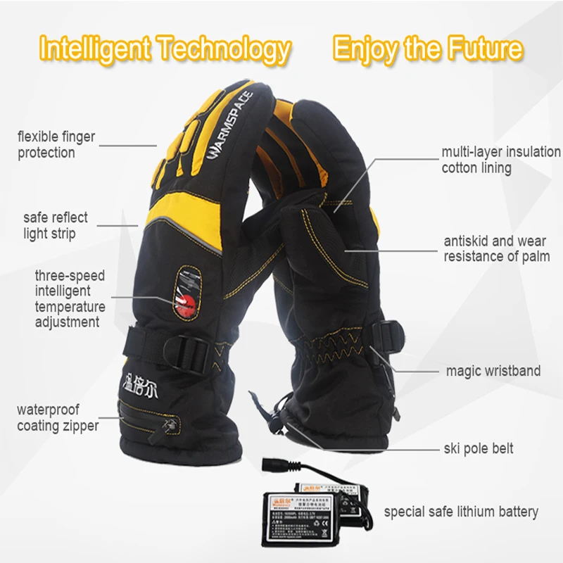 Теплые зимние перчатки с подогревом, 7,4 В, 4000 мА/ч, для катания на лыжах, водонепроницаемые, с литиевой батареей, Самонагревающиеся, передние и задние перчатки с подогревом