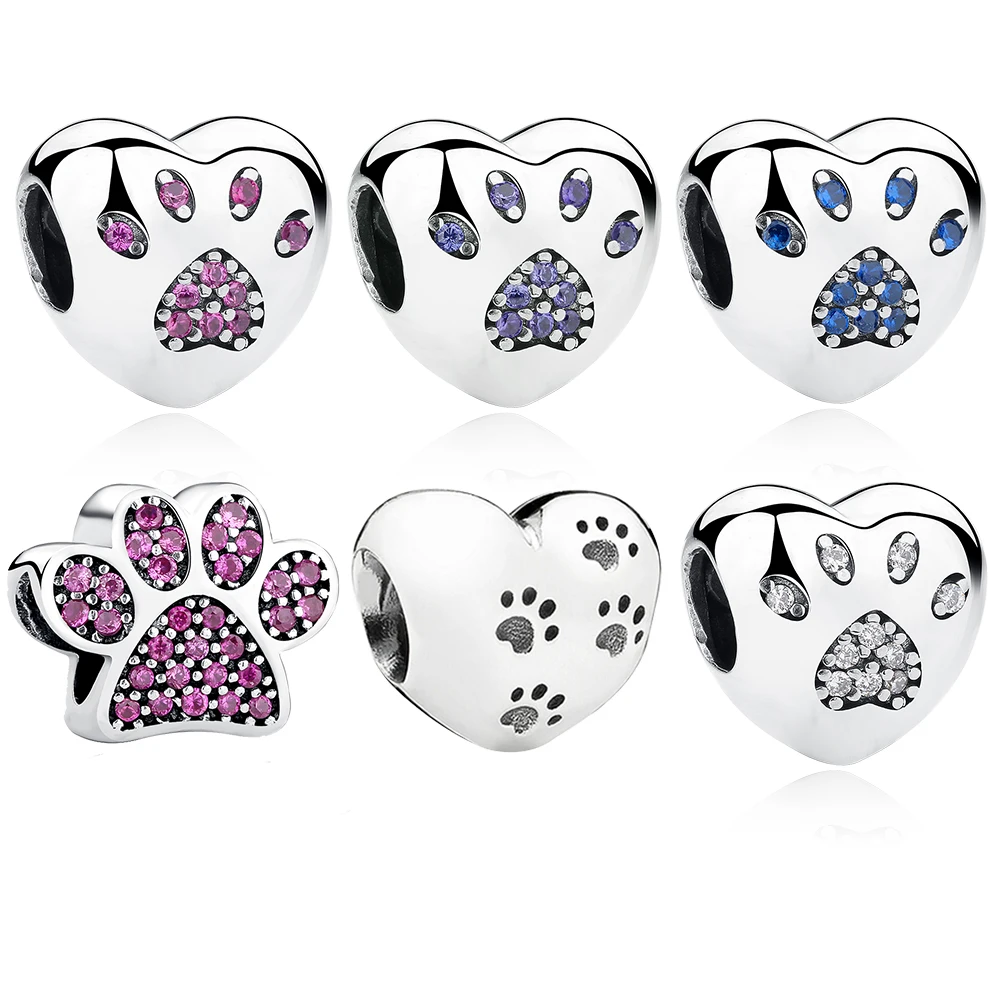925 Sterling Silver My Sweet Pet Paw Print Charm fit Original BW Bracelet Necklace Heart Bead Accessories Jewelry Making | Украшения и