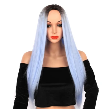 

CliCling Wigs Long Straight Ombre Light Blue Hair Wig for Women Middle Part Black Root