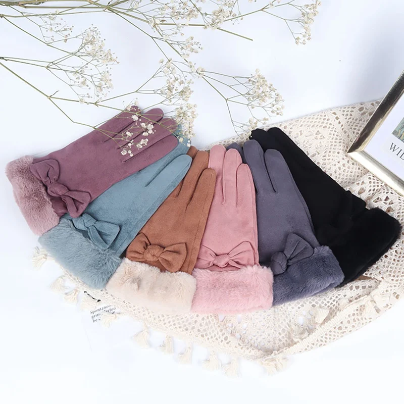 New Women Gloves Plus Velvet Bowknot Touch Screen Outdoor Sport Warm Suede Mitts Full Finger Female Cold Protection Gloves