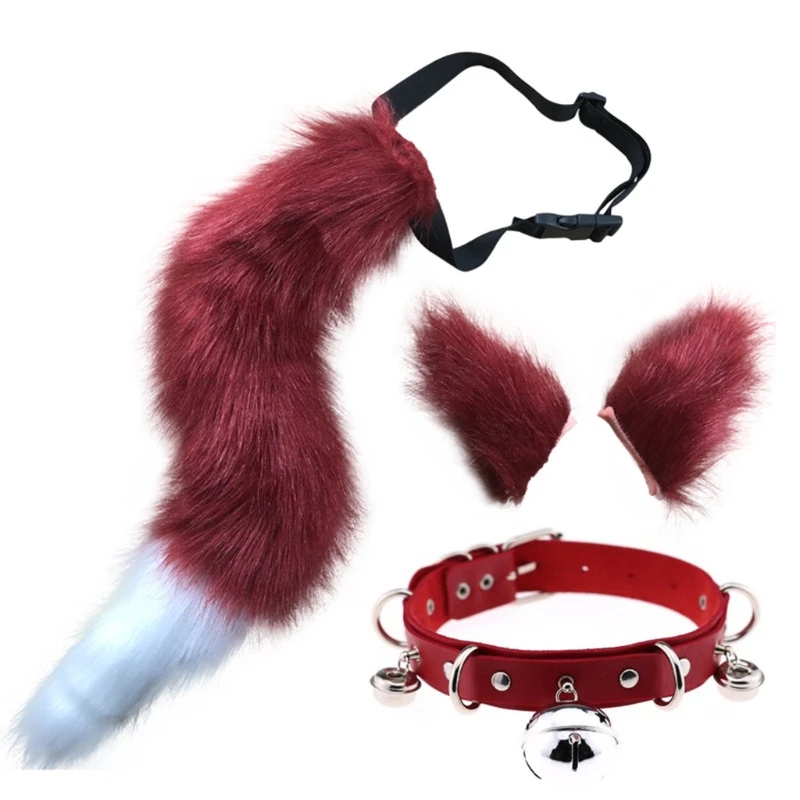 Faux Fur Kitten Wolf Long Tail Ears Hair Clips and Faux Leather Neck Collar Choker Set Halloween Party Cosplay Costume sexy nun costume