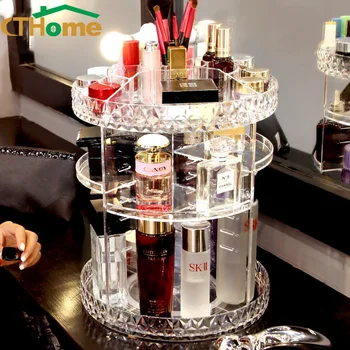 

CTHome 360 Degree Rotation Transparent Cosmetics Storage Box Acrylic Fashion Spin Detachable Lipstick Big Make Up Organizer