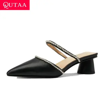 

QUTAA 2020 Fashion Crystal Slip on Women Shoes Square Heel Slingback Sandals Cow Leather Pointed Toe Ladies Pumps Size 34-40