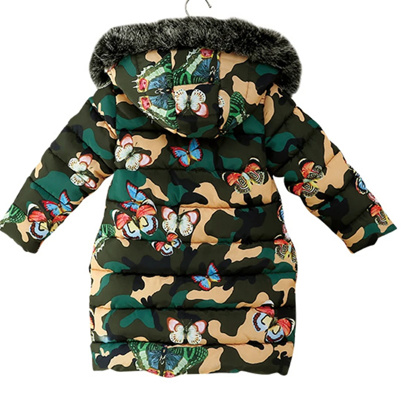 Зимнее пальто для девочек до-20 градусов длинная стеганая камуфляжная куртка Детские утепленные меховые шубы с капюшоном, верхняя одежда для подростков, Детская парка