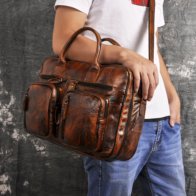 Мужской портфель из восковой кожи, античный дизайн, деловой портфель для путешествий, сумка для ноутбука, модная сумка-мессенджер, мужская сумка-тоут k1013 - Цвет: wine