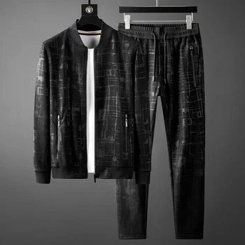 

New Mens Sets (hoodies+pants) Luxury Sport Jacquard Mens Hoodies Fashion Autumn Winter Elastic Waist Man Pants Plus Size 5XL