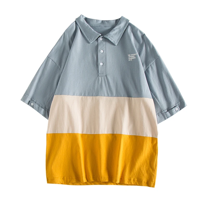 

2019 Summer Men's New Casual Contrast Color Stitching Short-sleeved Lapel T Shirt Loose Temperament Trend Cotton Harajuku