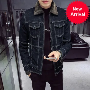 

Fashion Men Winter Jacket Black Spliced Classical Warm Coat Windproof Denim Jackets Men Korean Wool Velvet Jacket Big Size S-5XL