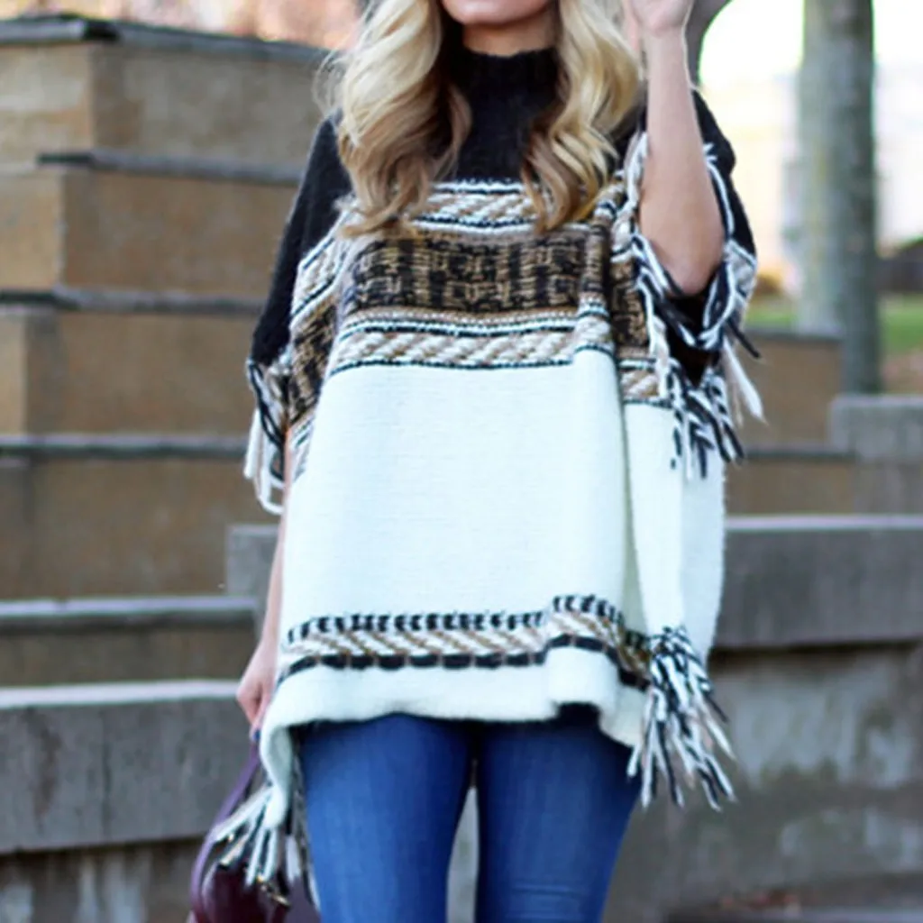 Womens Sweater Long Sleeve Stripe Color Block Tassel Knitted Cloak Tops chompas de mujer invierno girls sweaters | Женская одежда
